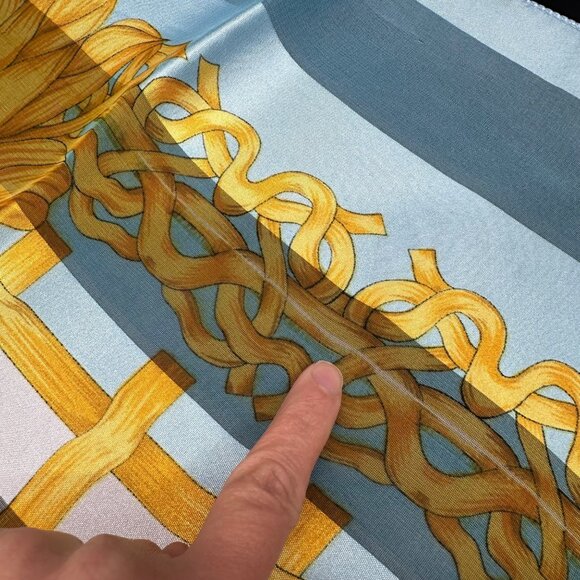 Vintage Sheer Scarf Blue Gold Ribbon Stripes Korea 1980s Polyester Wrap Retro - Picture 5 of 8